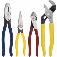 This set includes four pliers with standard cushion grips for manual operation, covering a pliers range of 2 to 5. It features a 9-inch Lineman's Plier and a diagonal plier, suitable for general gripping, cutting, and twisting tasks in maintenance and repair work.