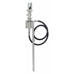 Air-operated drum pump with a 5:1 ratio, maximum flow rate of 4 gpm, and maximum viscosity handling of 14,000 cps. Features a steel suction tube. Suitable for dispensing medium- to high-viscosity fluids such as lubricants, adhesives, and sealants from standard drums.