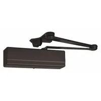 This Grade 1 heavy duty door closer features a parallel arm-mount design for interior/exterior doors. It has an adjustable spring size 6 and is non-hold open. The bronze unit measures 12 in long by 2 1/4 in wide and is ADA compliant. Suitable for commercial or industrial applications requiring controlled door closing