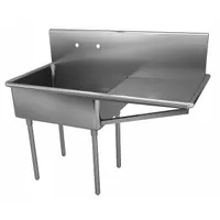 One-bowl freestanding sink without faucet. Overall height 48 in, length 51 in, width 27 1/2 in. Suitable for commercial kitchen and bar cleaning tasks requiring a deep basin for large pots and utensils