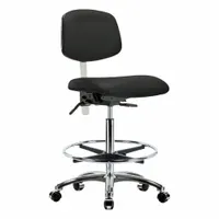 This armless vinyl cleanroom chair is designed for ISO 5 controlled environments. It features an aluminum base, foot support, and a back tilt range of 10.5° forward to 13.5° backward. Seat width is 18 1/2 in, seat depth is 17 in, and height adjusts from 26 1/4 in to 36 in. Not ESD safe