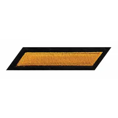 Sew-on embroidered insignia measuring 2 inches by 3/8 inch. Constructed from felt and plastic with a black and gold color scheme. Used for uniform customization to denote service time or rank.