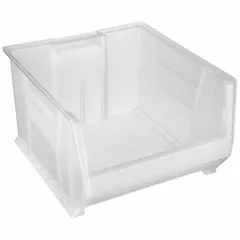 This stationary plastic hopper bin measures 18 3/8 inches by 12 inches and is designed for organized storage and retrieval of components in workshops, warehouses, and manufacturing facilities. The clear construction allows quick visual identification of contents, and the stacking-capable design maximizes vertical space efficiency.