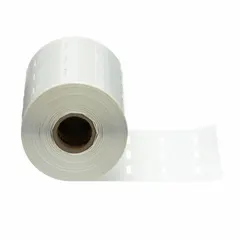 Precut wraparound label roll cartridge for industrial cable and wire identification. Made of self-extinguishing vinyl in white matte finish. Compatible with DP series printers, requires RMEH*BL ribbon.
