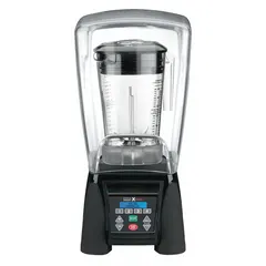 This heavy-duty blender features a 3 1/2 hp motor, 2 speeds, and pulse function for blending tough ingredients. The electronic keypad provides precise control, and the included sound enclosure reduces noise. Operates on 120V AC, suitable for high-volume food and beverage preparation.