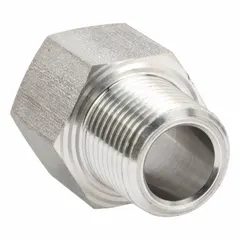 This high-pressure precision pipe fitting features a straight configuration with 3/8 inch connections. It has a female BSPP threaded end and a male NPT threaded end, rated for pressures up to 2,176 psi. Suitable for use in pneumatic and hydraulic fluid power systems.