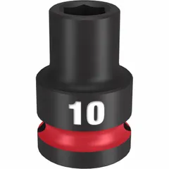This 1/2" drive impact socket features a 10 mm metric size with a 6-point configuration. The black phosphate finish provides corrosion resistance. Suitable for use with impact wrenches in general fastening and loosening applications.