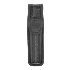 This duty equipment pouch is constructed from black ballistic nylon and measures 8 3/4 inches by 2 1/2 inches. It features a snap closure for secure storage. Typical applications include carrying a flashlight on a belt or gear for quick access in security, law enforcement, or outdoor settings.