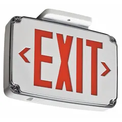 Red LED exit sign with one illuminated face, rated for wet locations and ceiling mounting. Housing is white plastic. Includes nickel cadmium battery backup for emergency operation. Overall height 8 1/8 inches.