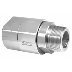 This single-passage rotating joint transfers fluid or gas from a stationary supply line into rotating machinery. Made of nickel-plated C38500 brass with a 1 1/4 in stationary port, it is rated for a maximum speed of 30 RPM. Suitable for low-speed rotating equipment such as drums, reels, or indexing tables.