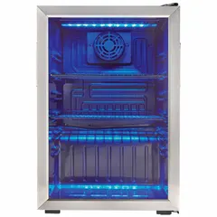 This DANBY beverage cooler offers 2.6 cu ft of storage capacity for chilling and organizing beverages. It features three adjustable shelves and a glass door for easy viewing of contents. The unit is finished in silver and is not Energy Star certified. Suitable for commercial or residential use where a compact beverage cooling solution is needed.