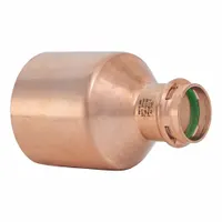This straight adapter connects 2 1/2 in CTS copper tubing to 1 in CTS fittings in plumbing systems. It features a press-fit design with a seal window for visual confirmation of proper installation. Made of copper or bronze, it is suitable for use in water lines
