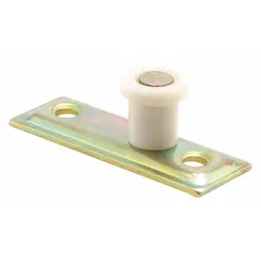 This roller-type hanging door guide from PRIME-LINE measures 3 3/4 inches wide and supports doors up to 60 pounds. It is used for light-duty sliding door applications where smooth rolling action is required. The guide helps keep the door aligned and reduces friction during operation.