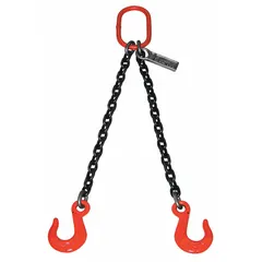 This LIFT-ALL double-leg chain sling is constructed from grade-80 alloy steel with a 7/8 in chain trade size and features alloy steel sling hooks on each leg. It is used for lifting and rigging heavy loads in industrial settings such as construction, manufacturing, and warehousing, providing balanced load distribution for hoisting machinery, steel beams, and other heavy materials.