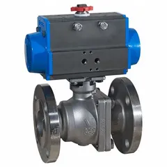 This pneumatically-actuated ball valve features a stainless steel two-piece body with 3-inch flange x flange connections. It is designed for on/off flow control of liquids and gases in industrial piping systems. The valve operates with a 24V DC pilot solenoid for automated actuation.