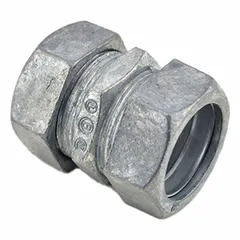 This compression conduit coupling is used to join two lengths of EMT (Electrical Metallic Tubing) in electrical conduit systems. Made of zinc with an unfinished surface, it is non-insulated and meets UL-514B standards. Suitable for dry indoor environments, it provides a secure, grounded connection for 3/4 in trade size EMT.