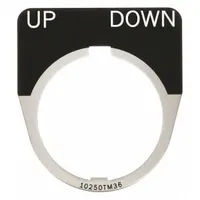 Half-round legend plate for Series 10250T push-button stations. Overall width 1 5/8 in. Provides directional control identification in industrial control panels and machinery