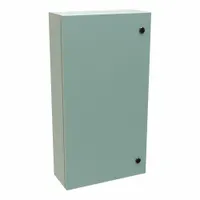 Steel enclosure with solid hinged cover and 1/4-turn latch. Rated NEMA 12/3R/4 for indoor protection against dust and dripping water, and outdoor use against rain, sleet, and hose-directed water. Suitable for washdown environments and general industrial applications. Knockouts not included