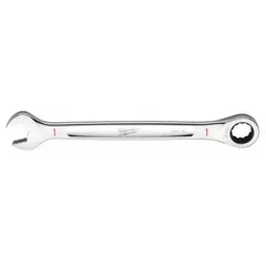 This SAE 12-point ratcheting combination wrench has a 1-inch head size and is made of chrome vanadium steel with a chrome finish. It is a standard-length wrench suitable for general fastening tasks in industrial maintenance, assembly, and repair applications.