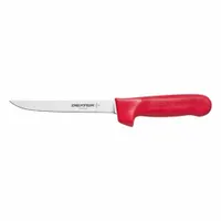 This boning knife features a honed steel blade and a red polypropylene handle, with an overall length of 11 inches. It is NSF Certified for sanitation compliance, making it suitable for trimming and deboning meat, poultry, and fish in commercial food-processing environments