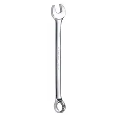 This combination wrench features a 20 mm head size with a 12-point box end and an open end, both finished in chrome. The offset design provides clearance over obstructions. It is suited for tightening or loosening metric fasteners in applications such as automotive repair, machinery maintenance, and industrial assembly.