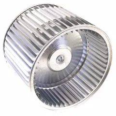 This YORK dual-inlet forward-curved blower wheel is constructed from steel with a closed-end design and clockwise rotation. It features a 10 1/2 in diameter, 8 in width, 1/2 in bore, and a tabbed mounting configuration with one inlet. Used in HVAC systems to move air for heating and cooling applications.