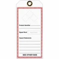 Rectangular plastic safety tag for indoor/outdoor use. Measures 8 1/2 inches high by 3 7/8 inches wide, 0.015 inches thick. Supplied as a 5-pack. Suitable for hazard communication, equipment identification, and lockout/tagout procedures in industrial facilities