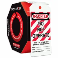 Polyolefin tag with 'Danger, Do Not Operate' legend in English. Includes blank fields for notes, date, and signature. Used in lockout/tagout procedures to warn against equipment operation
