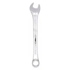 Chrome-finished alloy steel SAE spline combination wrench with a 3/4 in head size and 9 5/8 in overall length. Offset design aids access in confined spaces. Used for tightening or loosening 3/4 in fasteners in mechanical assembly and maintenance tasks.