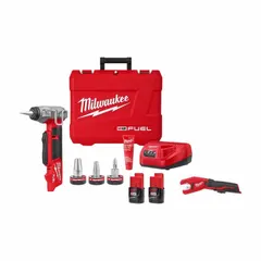This M12 12V DC cordless combination kit includes an expansion tool (2532-22) and a tube cutter (2471-20). Designed for on-site tubing preparation, the expansion tool flares copper tubing ends and the tube cutter provides clean cuts. Powered by the M12 battery system, both tools are suited for plumbing, HVAC, and refrigeration applications.