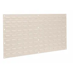 This wall-mount louvered panel is designed for organizing tools and small parts in industrial workshops, warehouses, and maintenance areas. Its louvered surface allows attachment of bins or hooks for one-sided storage. The panel measures 20 in x 36 in x 5/16 in and has a beige powder-coated finish. Bins are not included.