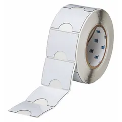 Polyester, white gloss precut labels for raised panel push button identification. Each roll contains 250 labels measuring 2 in x 2 13/32 in. Compatible with THT printer series for thermal transfer printing. Used for marking controls and push buttons in industrial panels and automation equipment.