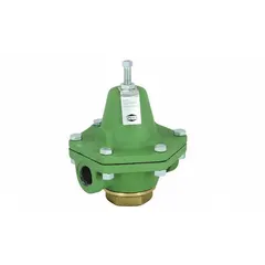 Cast iron pressure regulator with 1/2 inch FNPT x FNPTF connections. Adjustable downstream pressure range from 2 psi to 30 psi. Operating temperature range 33°F to 400°F. Used for reducing and maintaining pressure in steam, air, or liquid systems in industrial and commercial applications.