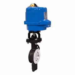 This BONOMI electric butterfly valve features a carbon steel body and stainless steel disc for corrosion resistance. It is a wafer-style valve with a 2-inch pipe size, operating on 100 to 240V AC power with manual input control signal. Suitable for on-off or modulating flow control of liquids and gases in industrial piping systems.