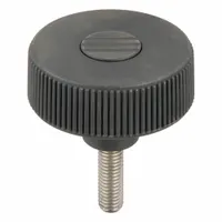 Knurled hand knob with threaded stud for manual clamping, positioning, and adjustment on industrial machinery and fixtures. Features a 63 mm diameter gray plastic body with a stainless steel M10 threaded stud of 30 mm length. The knurled surface provides a secure grip