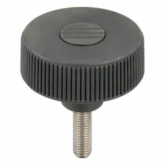 Knurled hand knob with threaded stud for manual clamping, positioning, and adjustment on industrial machinery and fixtures. Features a 63 mm diameter gray plastic body with a stainless steel M10 threaded stud of 30 mm length. The knurled surface provides a secure grip.