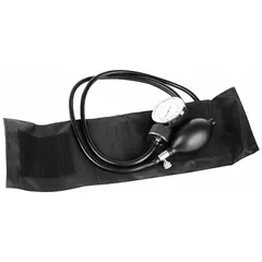 Mechanical blood pressure monitor for pediatric patients. Features a child-sized nylon arm cuff in black, with no needle stop. Includes a carrying case for portability. Intended for arm test location use.