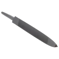 Single-cut, bastard-cut triangular file with a 3/8 in width and 4 in length without tang. Tapered towards the point for precision filing in confined spaces and angle work. Suitable for sharpening saw teeth, cleaning threads, and deburring metal edges in industrial maintenance and fabrication.