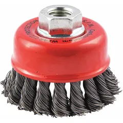 This cup brush is designed for heavy cleaning of contoured carbon steel surfaces. It features a 2 3/4 in diameter, 0.02 in fill diameter, and standard twist knot wire bristles. The brush connects via a 5/8"-11 arbor hole. Typical applications include removing rust, scale, and weld splatter from irregular shapes.