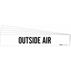 White adhesive pipe marker with black 'Outside Air' legend, designed for pipes with outside diameter from 2-1/2 to 7-7/8 inches. Supplied in a 5-pack without arrows. Used to identify HVAC or ventilation pipes carrying outside air in industrial and commercial facilities.