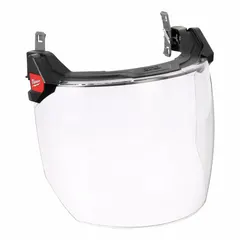 This clear face shield assembly is designed for use with BOLT™ series hard hats. The visor features a scratch-resistant coating and is reusable and X-ray detectable. Suitable for protection against impact, splashes, and debris in industrial environments such as machining, welding, and material handling.