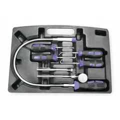 This 7-piece kit includes a glass mirror with telescoping shaft and a flexible magnetic pickup for accessing confined spaces. The tools feature rubber soft-grip handles. Suitable for inspection and retrieval tasks in automotive, maintenance, and industrial settings.