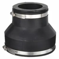 Flexible transition fitting for connecting pipes of different materials, including copper, iron, PVC, and steel. Accommodates pipe sizes from 2 in to 4 in with a 4 in overall length. Suitable for above-ground use in plumbing systems requiring a leak-resistant joint