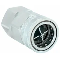 Steel hydraulic quick-connect coupling body for rapid connection and disconnection of hydraulic lines in fluid power systems. Features a 1-1/4"-11-1/2 thread size, maximum flow rate of 208 lpm, and nitrile seal material. Suitable for high-flow applications in mobile equipment and industrial machinery