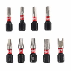 This MILWAUKEE hex insert bit set is made from alloy steel and rated for impact use. It includes T20, T25, T30, 1/8" Hex, 5/32" Hex, Spanner #10, Clutch 5/32", and Clutch 3/16" tips. The 1-inch overall length bit is designed for hex drive systems and is suitable for driving fasteners in power tools.