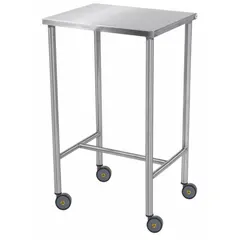 Fixed-height lab table with a stainless steel countertop and swivel casters. The corrosion-resistant surface supports analytical instruments, microscopes, or lab equipment in laboratory environments.