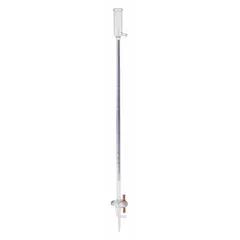 Class B glass buret with 25 mL capacity, 0.1 mL increments, and accuracy of ±0.06 mL. Made from borosilicate glass, total length 594 mm. Suitable for precise liquid titration in analytical chemistry, including acid-base and redox titrations.