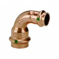 This 90° elbow fitting is used in plumbing systems to change pipe direction. It connects 1 in CTS to 3/4 in CTS copper or bronze tubing via press-fit connections, suitable for potable water and hydronic heating applications
