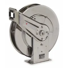 This spring-return hose reel is constructed with a stainless steel swivel and silver finish, providing corrosion resistance for washdown applications. It accommodates up to 50 ft of 1/2 in I.D. hose and operates at a maximum pressure of 500 psi. Overall dimensions are 19-3/4 in length, 7 in width, and 20-1/4 in height.