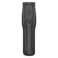 This duty equipment pouch is constructed from black ballistic nylon and measures 10 inches by 3 1/4 inches. It features a snap closure and is designed to carry a standard flashlight. Commonly used by security and industrial personnel for quick access to a flashlight while on duty.